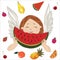 Cute cheerful angel eating a slice of watermelon. Fruit fantasy