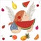 Cute cheerful angel eating a slice of watermelon. Fruit fantasy