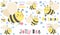 Cute cheerful bees. Lovers carrying honey, flying wasps. Blue flowers, vector lettering