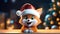 cute, cheerful cartoon fox in Santa hat near the Christmas tree with garlandsBokeh in the background. Bright
