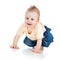 Cute cheerful crawling baby boy on white