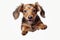 Cute and cheerful dog in flight on a white background. Playful dachshund