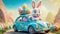 A cute and cheerful Easter bunny is carrying Easter eggs and sweets in a car