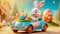 A cute and cheerful Easter bunny is carrying Easter eggs and sweets in a car