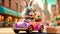 A cute and cheerful Easter bunny is carrying Easter eggs and sweets in a car