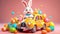 A cute and cheerful Easter bunny is carrying Easter eggs and sweets in a car