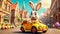 A cute and cheerful Easter bunny is carrying Easter eggs and sweets in a car