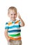 Cute cheerful kid boy with finger up