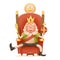 Cute cheerful king ruler on throne crown on head power and scepter in hands cartoon character 3d realistic isolated