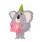 Cute cheerful Koala in a festive cap holds a gift. Vector cute animal in cartoon style .