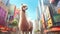 cute cheerful lama on the background of the city, Humorous image of a llama in the city, ai generative
