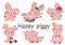 Cute cheerful little pink pigs set