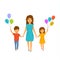 Cute cheerful mother and children, boy and girl walking with balloons together holding hands, happy mothers day