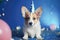 Cute cheerful white welsh corgi puppy with blue balloons on birthday party. Holiday and birthday concept