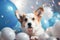 Cute cheerful white welsh corgi puppy with blue balloons on birthday party. Holiday and birthday concept