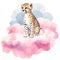cute cheetah standing on clouds watercolor illustration