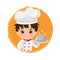 Cute chef boy holding a dish plate logo. Confident smile looking man.