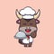 Cute chef bull mascot cartoon character with dish.