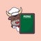Cute chef bull mascot cartoon character with menu board.