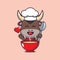 Cute chef bull mascot cartoon character with soup.