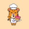 Cute chef leopard mascot cartoon character with cake.