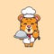 Cute chef leopard mascot cartoon character with dish.