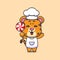 Cute chef leopard mascot cartoon character holding candy.