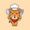 Cute chef leopard mascot cartoon character holding spoon and fork.