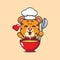 Cute chef leopard mascot cartoon character with soup.