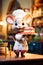 Cute chef mouse confectioner holds a cake in his hands at the kitchen