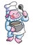 The cute chef yeti is cooking a soup in the big jug