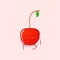 cute cherry cartoon character with serious expression and sit down