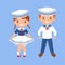 Cute chibi characters boy and girl in sailor suits. Professions for kids. Flat cartoon style