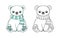Cute chibi snow polar bear wearing a scarf outline and colored doodle cartoon illustration set. Winter Christmas theme coloring