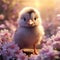 A cute chick is captured in a photorealistic portrait amidst a natural setting filled with flowers by AI generated