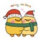 Cute chicken couple in winter costume hug together with merry chritmas text