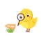 Cute chicken going to Easter egg hunt. Cartoon funny chick with magnifier. Isolated character for spring seasonal design