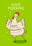 Cute chicken on green background - cartoon rooster character for happy farm design