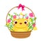 Cute chicken sit in flower basket. Cartoon funny chick. Isolated character for spring seasonal design