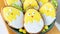 Cute chickens Easter background. Iced sugar cookies in bright frosting. Easter stilllife with funny butter biscuits. Ideas of