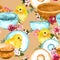 Cute chicks birds, dishes, plates, flowers. Seamless pattern with table ware, crockery