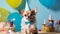 Cute Chihuahua celebrating his birthday. Funny cute dog celebrating his birthday party wearing festive hat. Funny cute