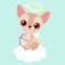 Cute chihuahua Cupid with bow and arrow. Funny sticker for a gift. Character for birthday or valentine`s day.