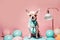 Cute Chihuahua dog in luxe modern interior with colors balls. Copy space. Adorable puppy. Advertisement, banner, poster, postcard