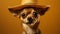 Cute chihuahua dog wearing Mexican sombrero hat, yellow. Celebrate Cinco de Mayo