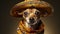 Cute chihuahua dog wearing Mexican sombrero hat and yellow clothes. Celebrate Cinco de Mayo