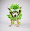 A cute chihuahua dressed up in a green dinosaur or a lizard costu