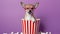 A cute chihuahua with pink glasses sits in a popcorn bucket exuding jo. Concept Dogs, Accessories,