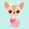 Cute chihuahua princess with heart gift. Funny sticker for a gift. Character for birthday or valentine`s day.