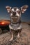 cute chihuahua on a rock in front of a pretty sunset